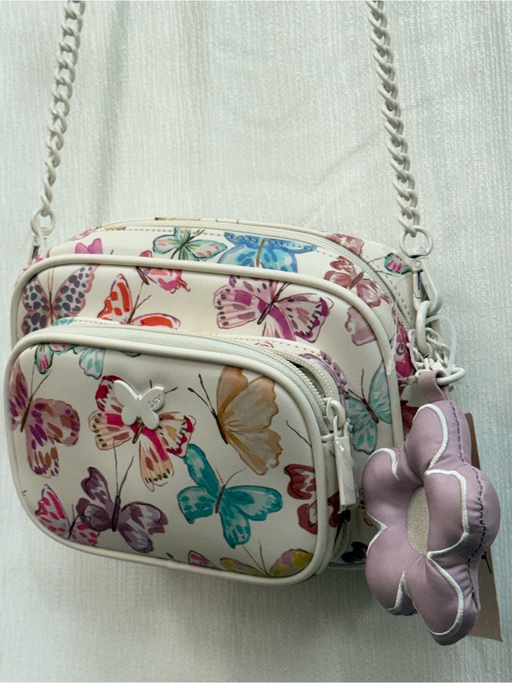 Betsey Johnson Cream Crossbody Bag with Multicolor Butterfly Print